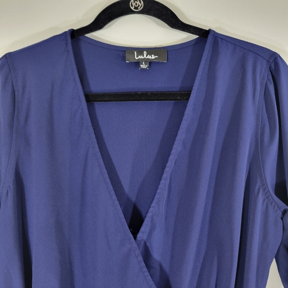 LULU'S navy blue bell sleeve genuine wrap lined flowy mini dress - Picture 3 of 13